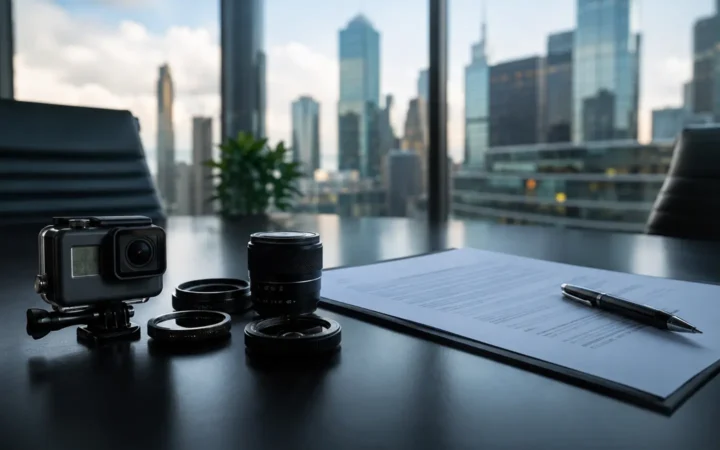 Action camera, optical components and a blurred transaction document on a boardroom table