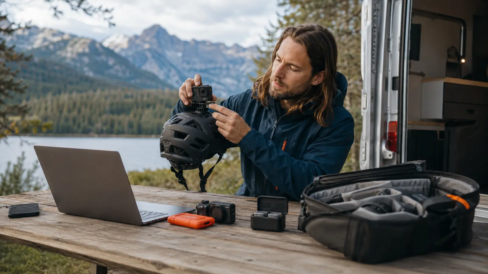 Outdoor creator mounting an action camera beside existing batteries and a laptop