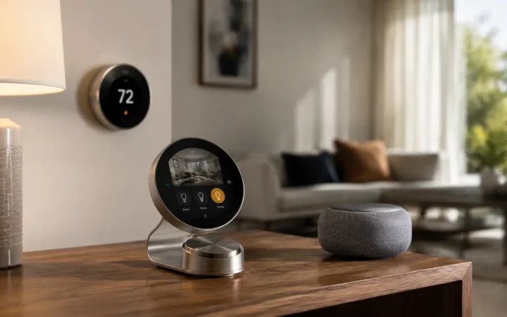 Circular touchscreen controller with stainless dial among smart-home devices