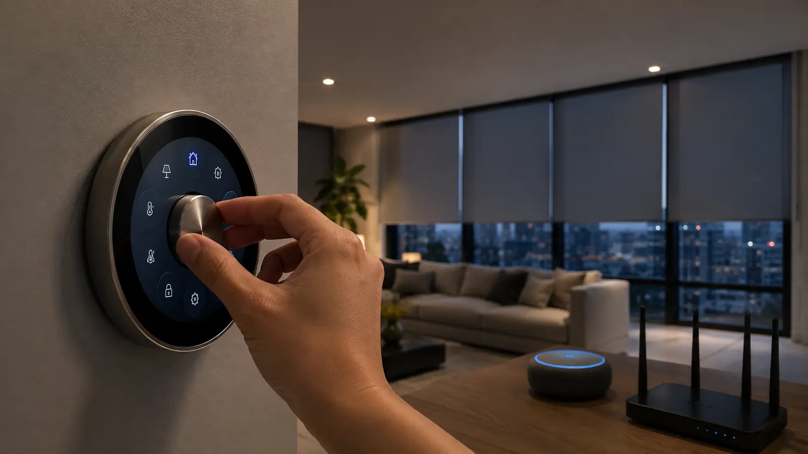 Hand turning a circular wall controller while blinds and lights adjust