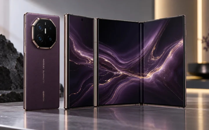 Huawei Mate XT 2 tri-fold phone shown open and closed
