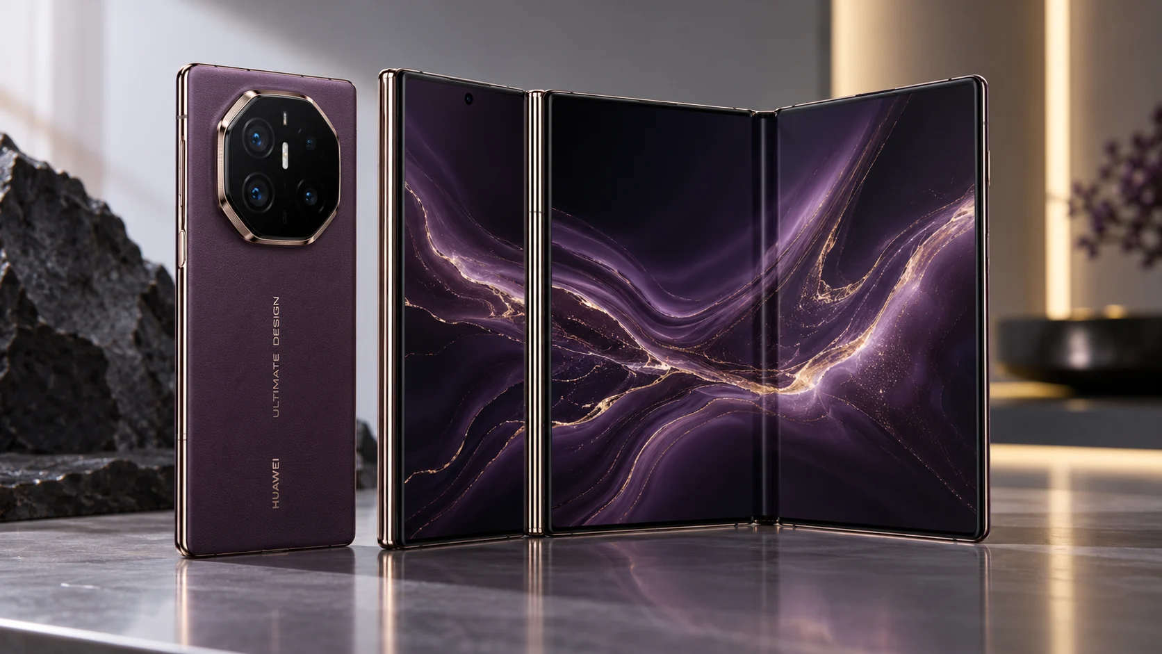 Huawei Mate XT 2 tri-fold phone shown open and closed