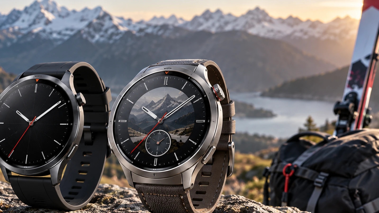 Premium titanium-style round smartwatch photographed against a mountain and lake backdrop with outdoor sports gear.