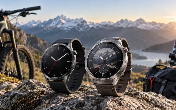 Two premium round smartwatches side by side in a mountain sports setting with cycling and outdoor gear nearby.