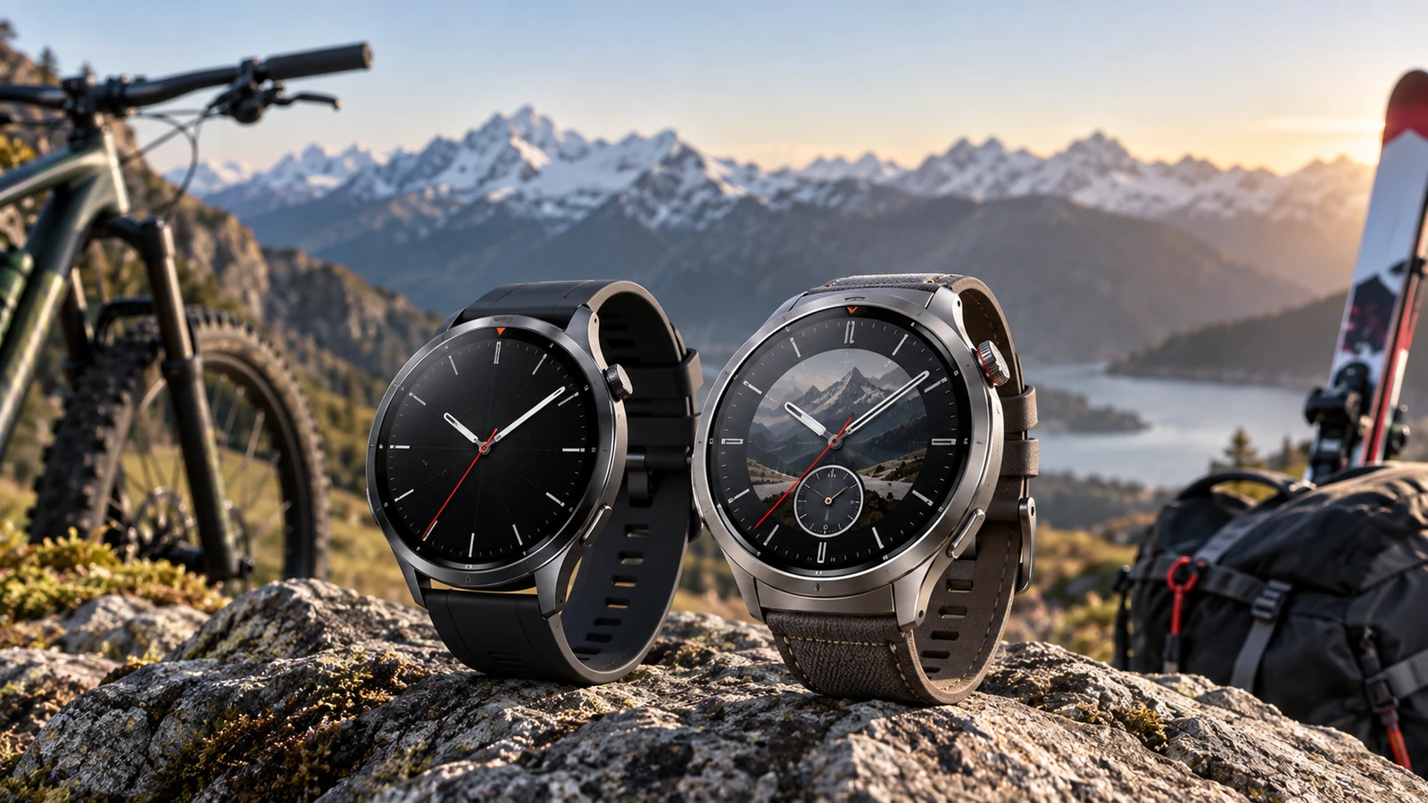 Two premium round smartwatches side by side in a mountain sports setting with cycling and outdoor gear nearby.