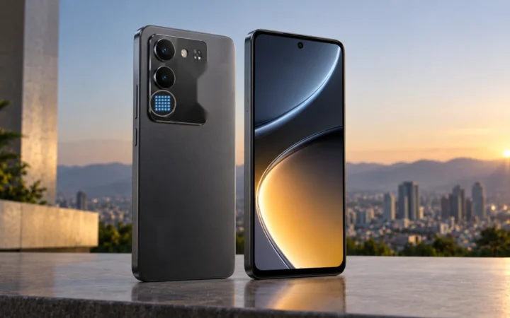 Dark blue midrange smartphone shown from the front and rear with a small illuminated pixel matrix integrated into the rear camera area.