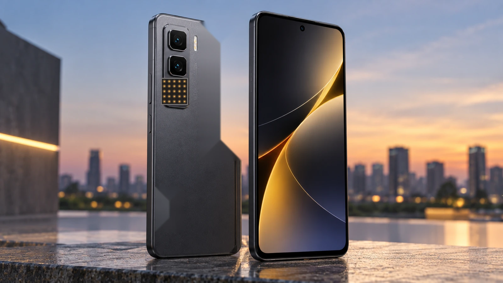 Dark blue smartphone in a modern urban product scene with a subtle illuminated rear pixel matrix.