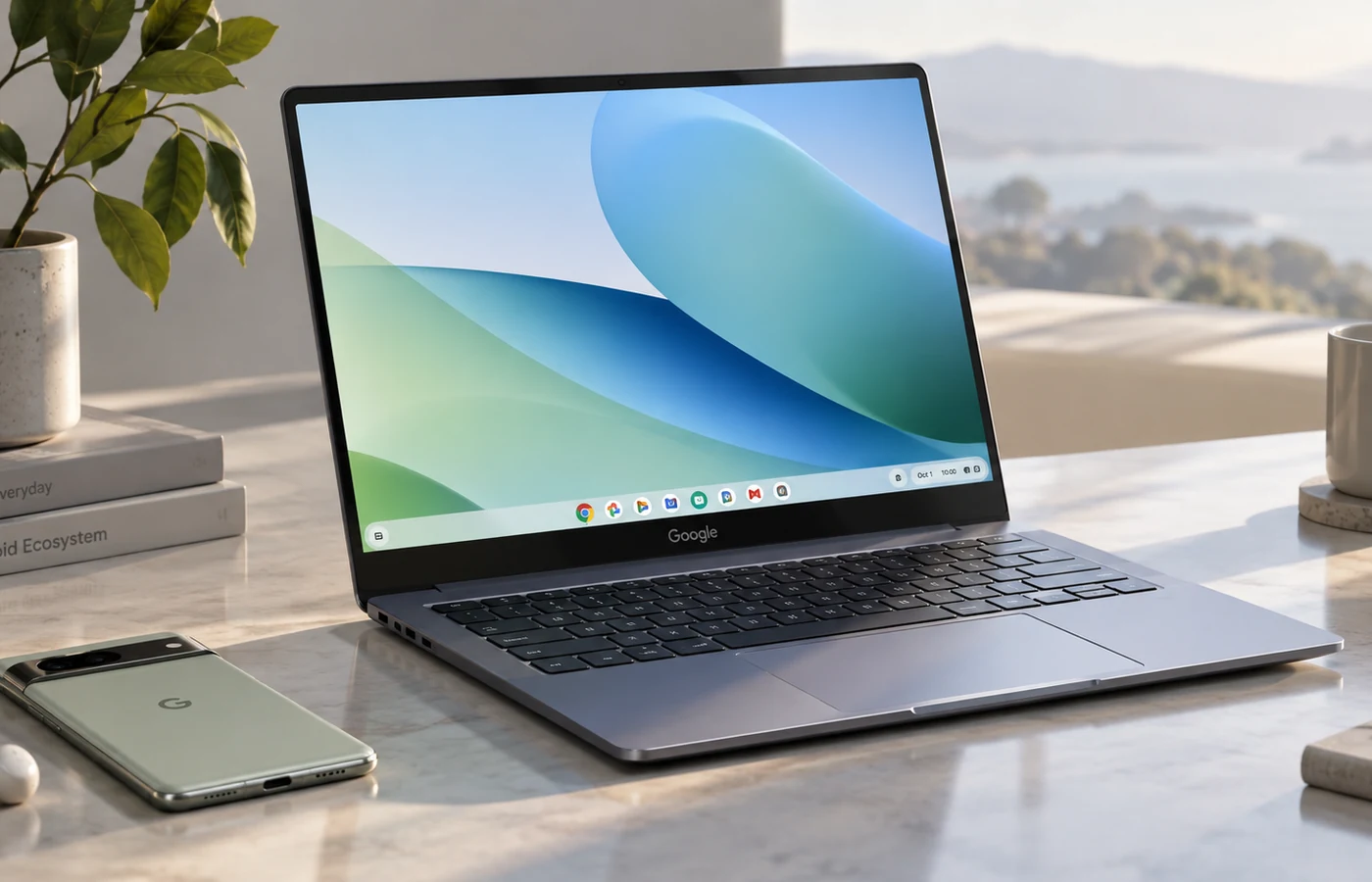Googlebook-style laptop in a bright workspace