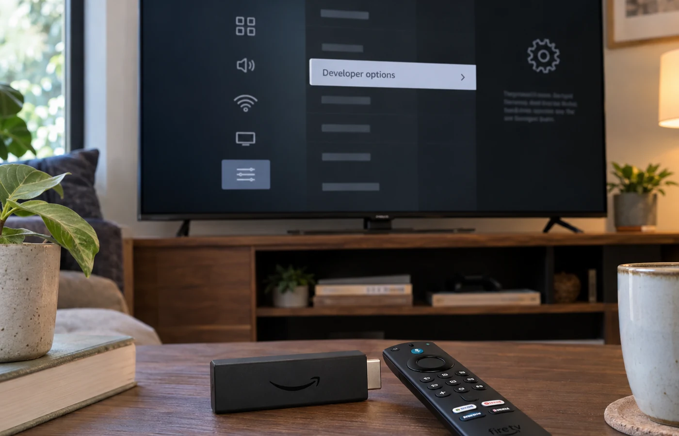 Fire TV stick and remote with Developer Options visible on a television