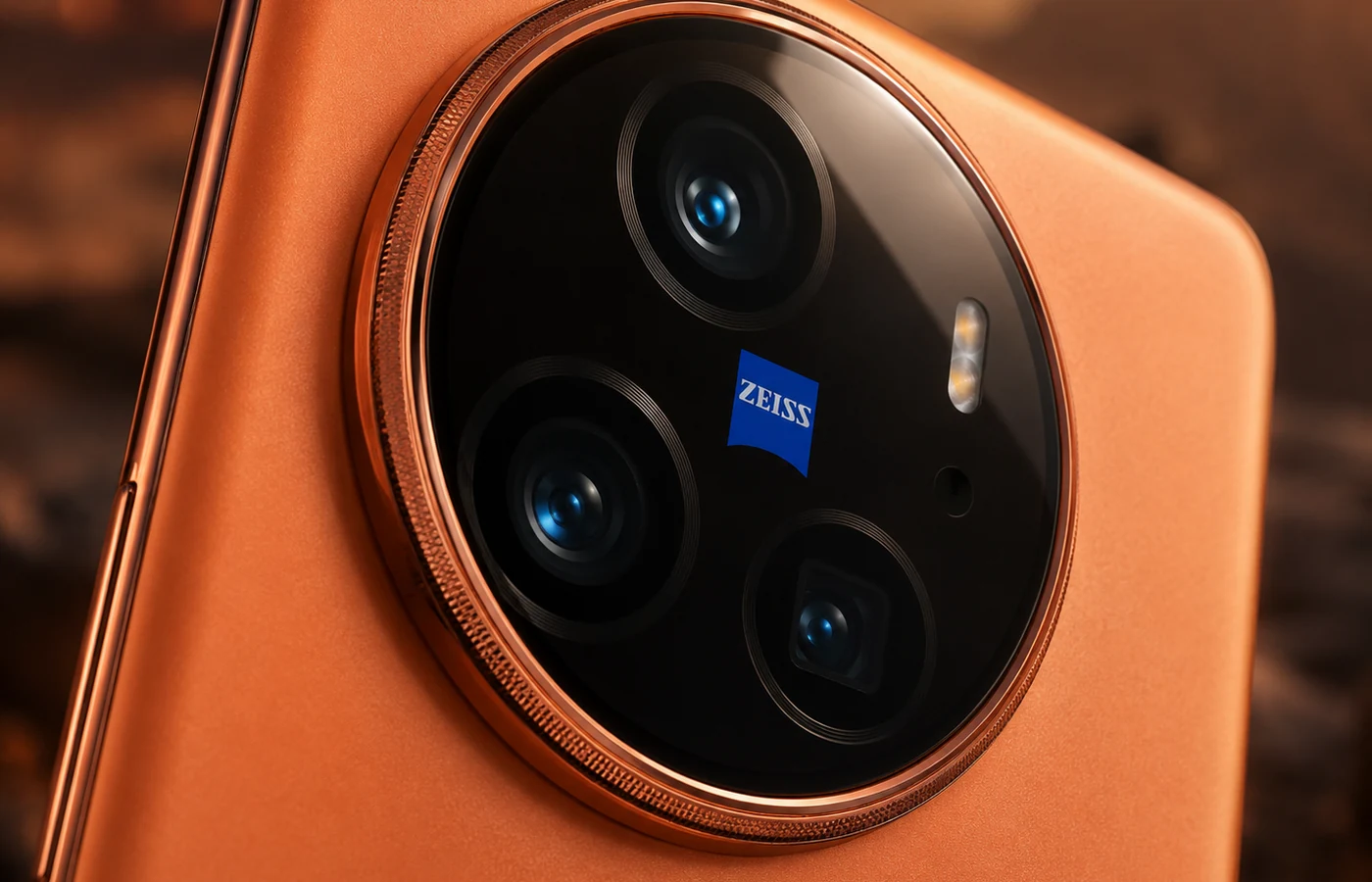 Close-up of an orange Vivo V80 style ZEISS-branded triple camera module
