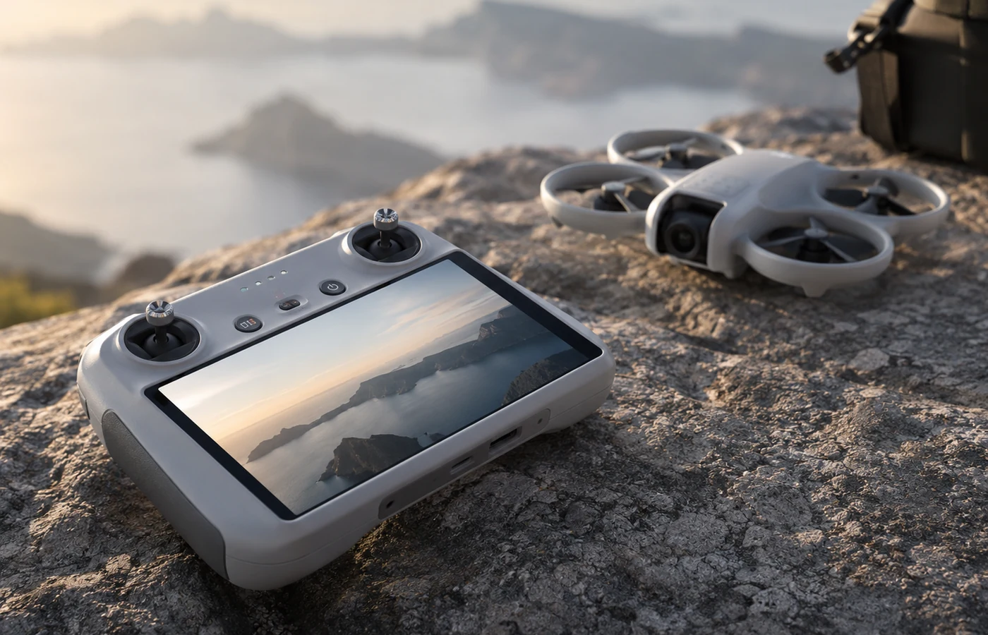 Small guarded drone beside a compact screen controller on a coastal overlook