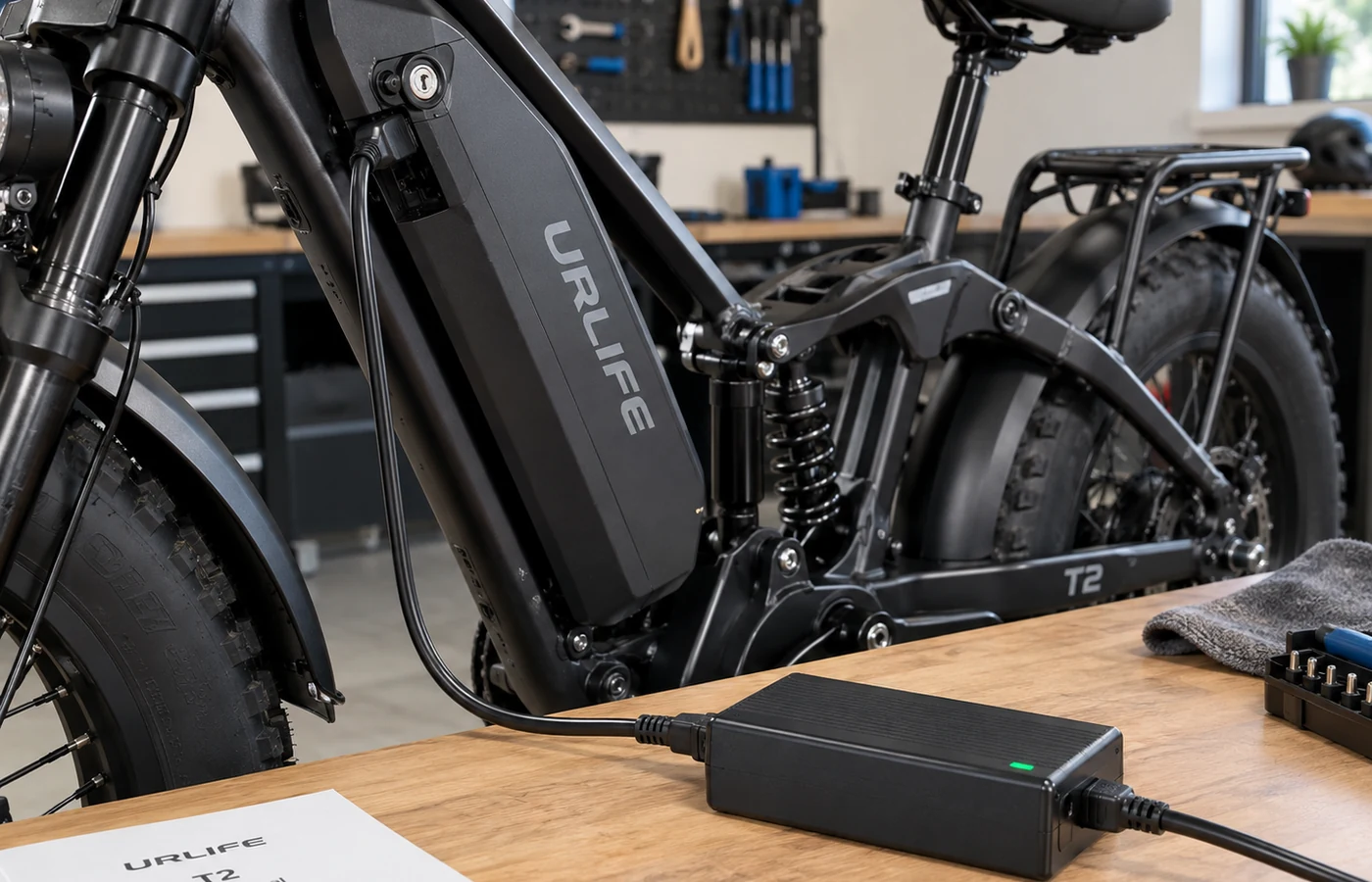 URLIFE T2 e-bike battery and charger connection in a workshop