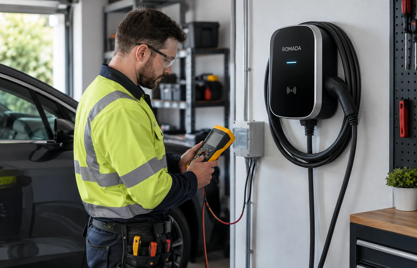 Qualified electrician inspecting a wall-mounted EV charger with professional test equipment