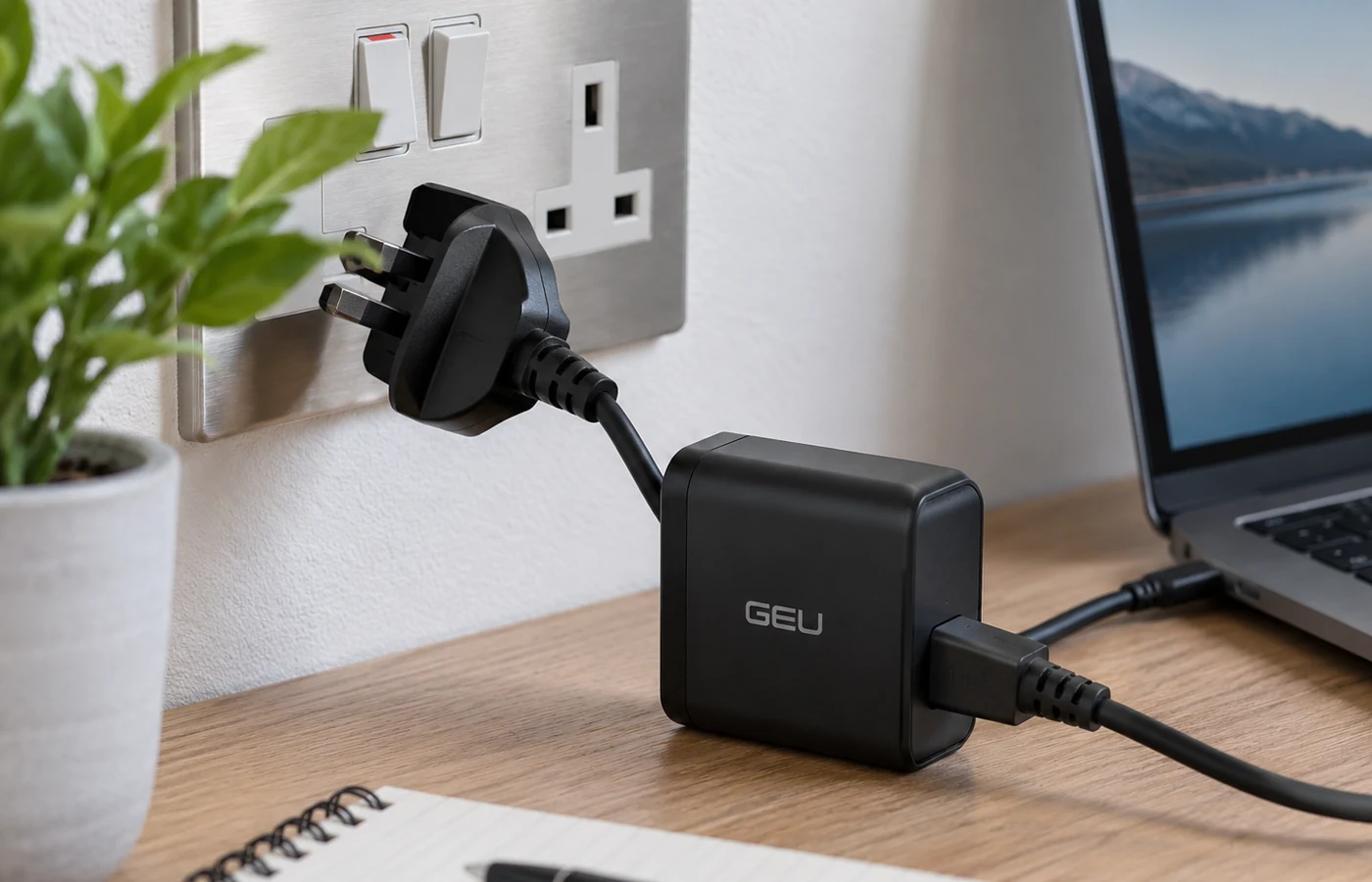 Black third-party laptop charger and cable beside a laptop