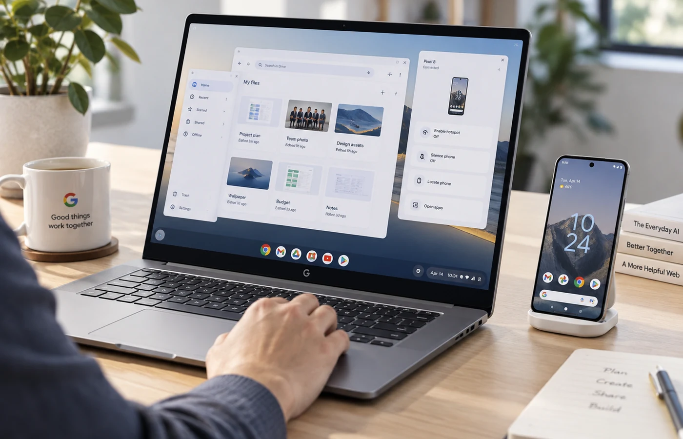 Laptop working with an Android phone in a connected workspace