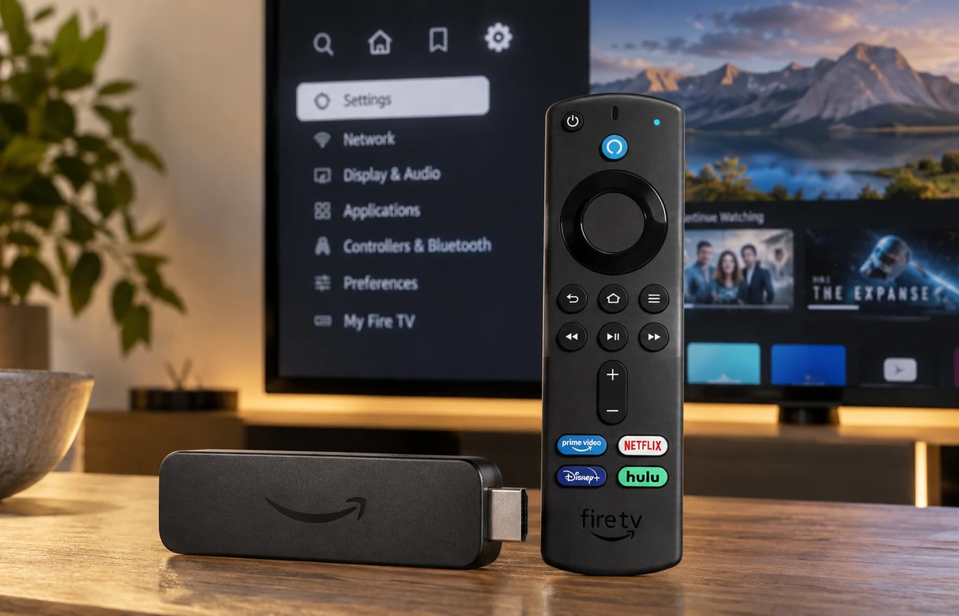 Fire TV streaming device in a modern living room during a software settings update