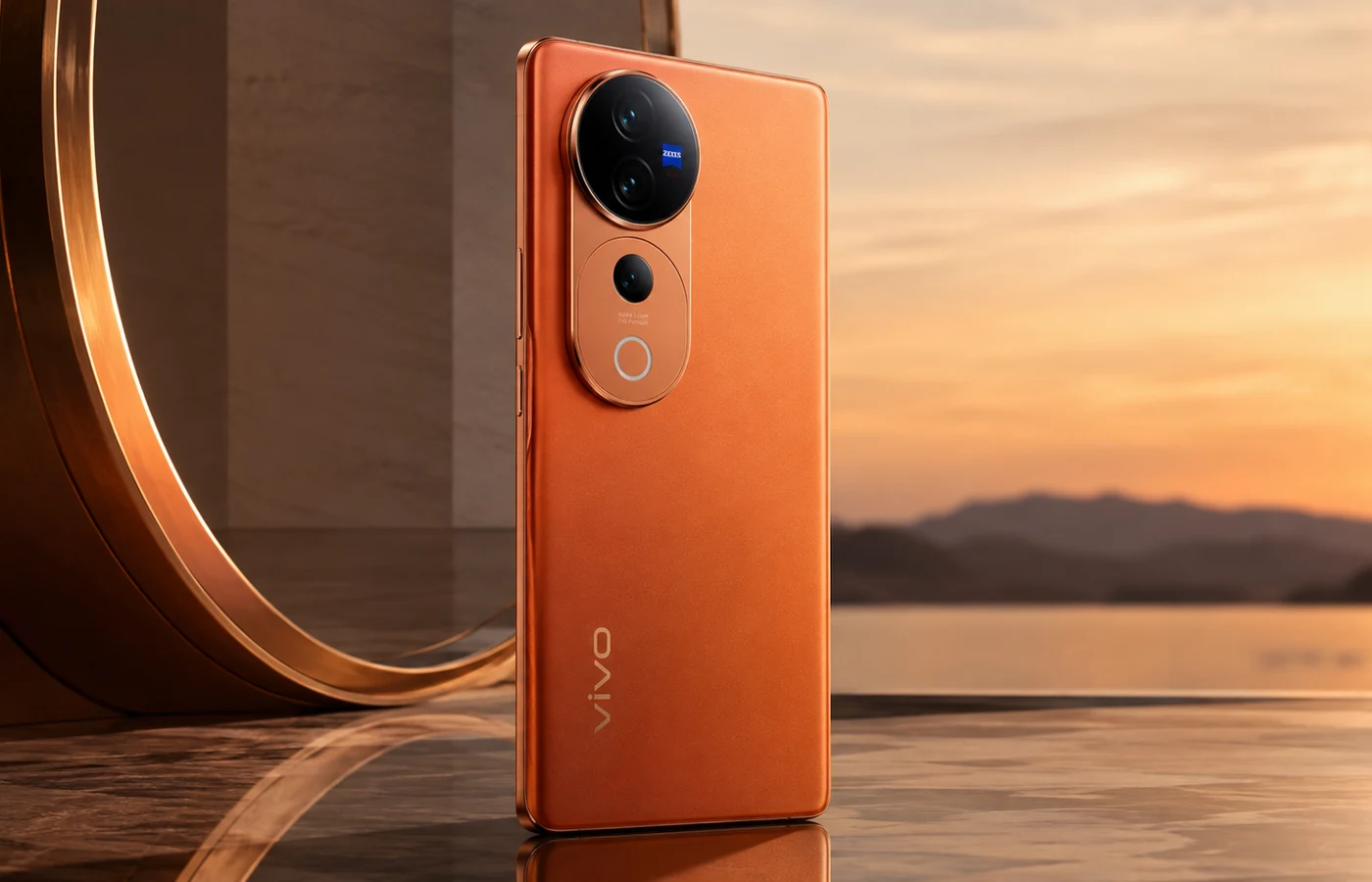 Orange Vivo V80 style phone shown from a three-quarter rear angle