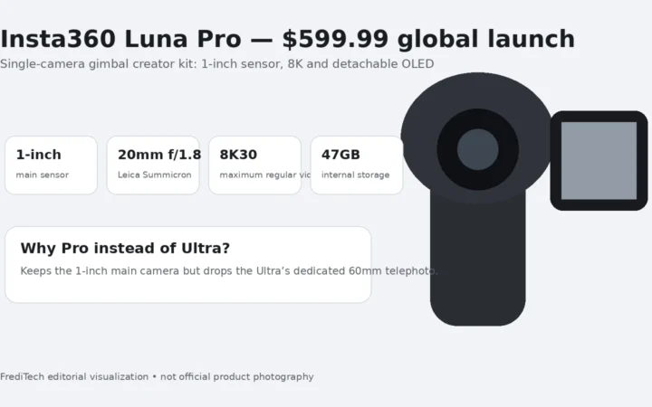 Insta360 Luna Pro launch facts with single-lens camera silhouette