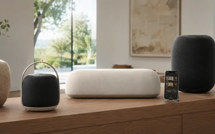 Three wireless speakers in compact, handled portable and larger home forms