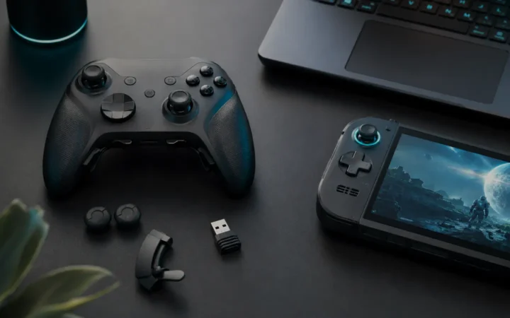 Gaming controller with rear-button extender beside handheld console, laptop and wireless dongle