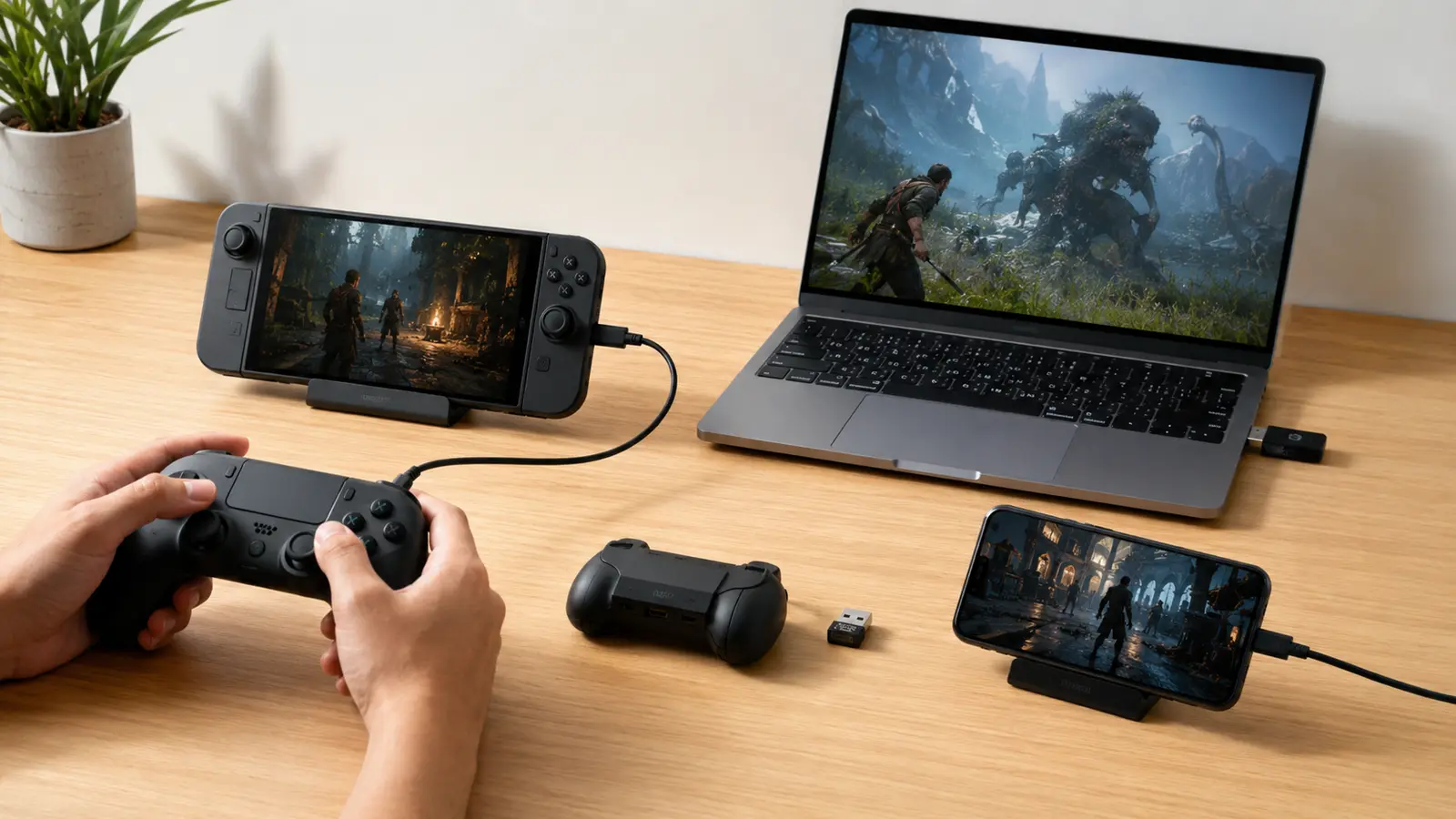 Hands connecting a controller to handheld console, laptop and Android phone