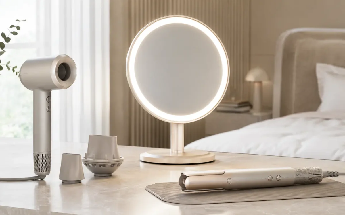 Editorial visualization of a high-speed hair dryer, automatic curler and illuminated mirror on a vanity