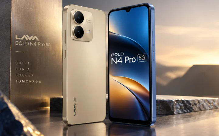 Lava Bold N4 Pro 5G shown in gold and blue