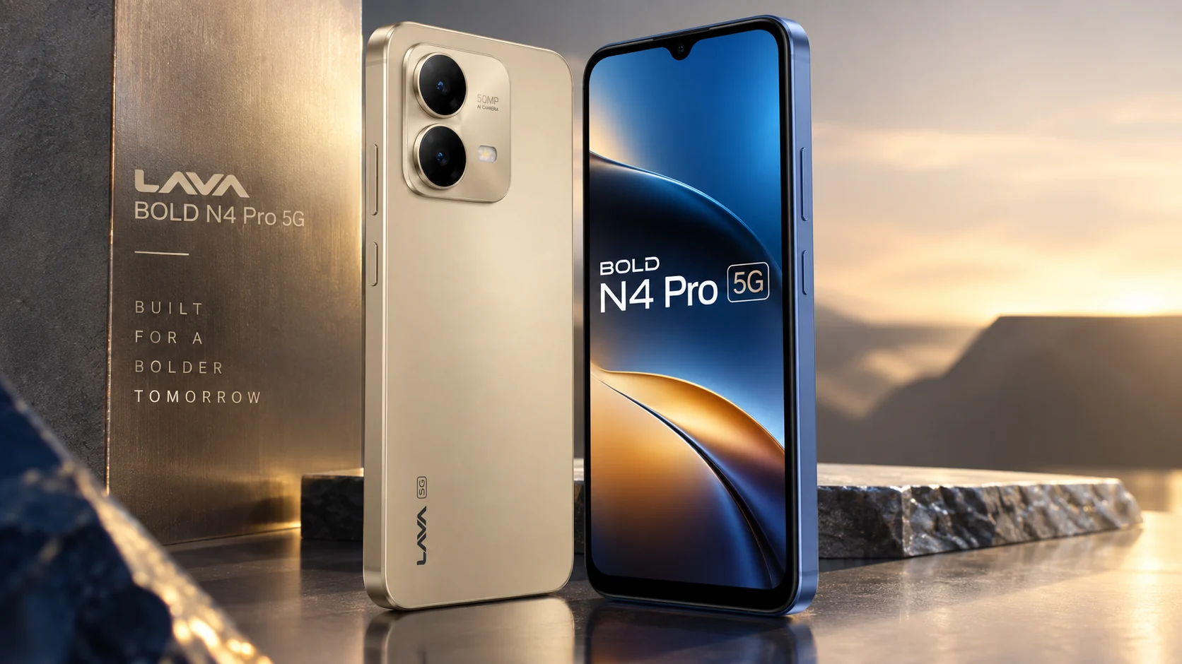 Lava Bold N4 Pro 5G shown in gold and blue