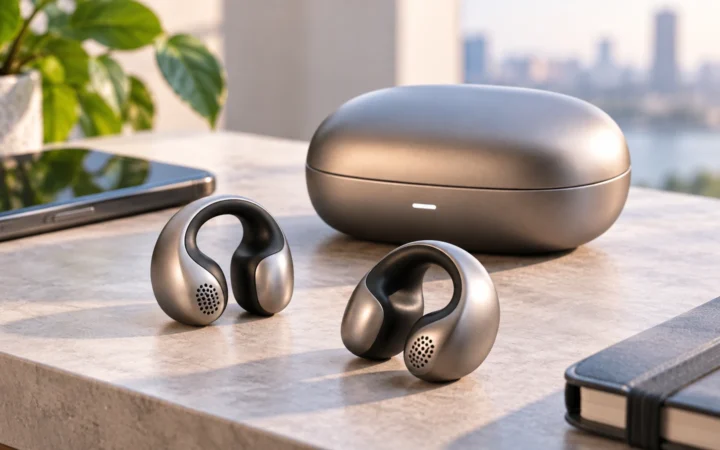 Metallic clip-style open-ear earbuds beside a compact charging case in a clean premium product scene.