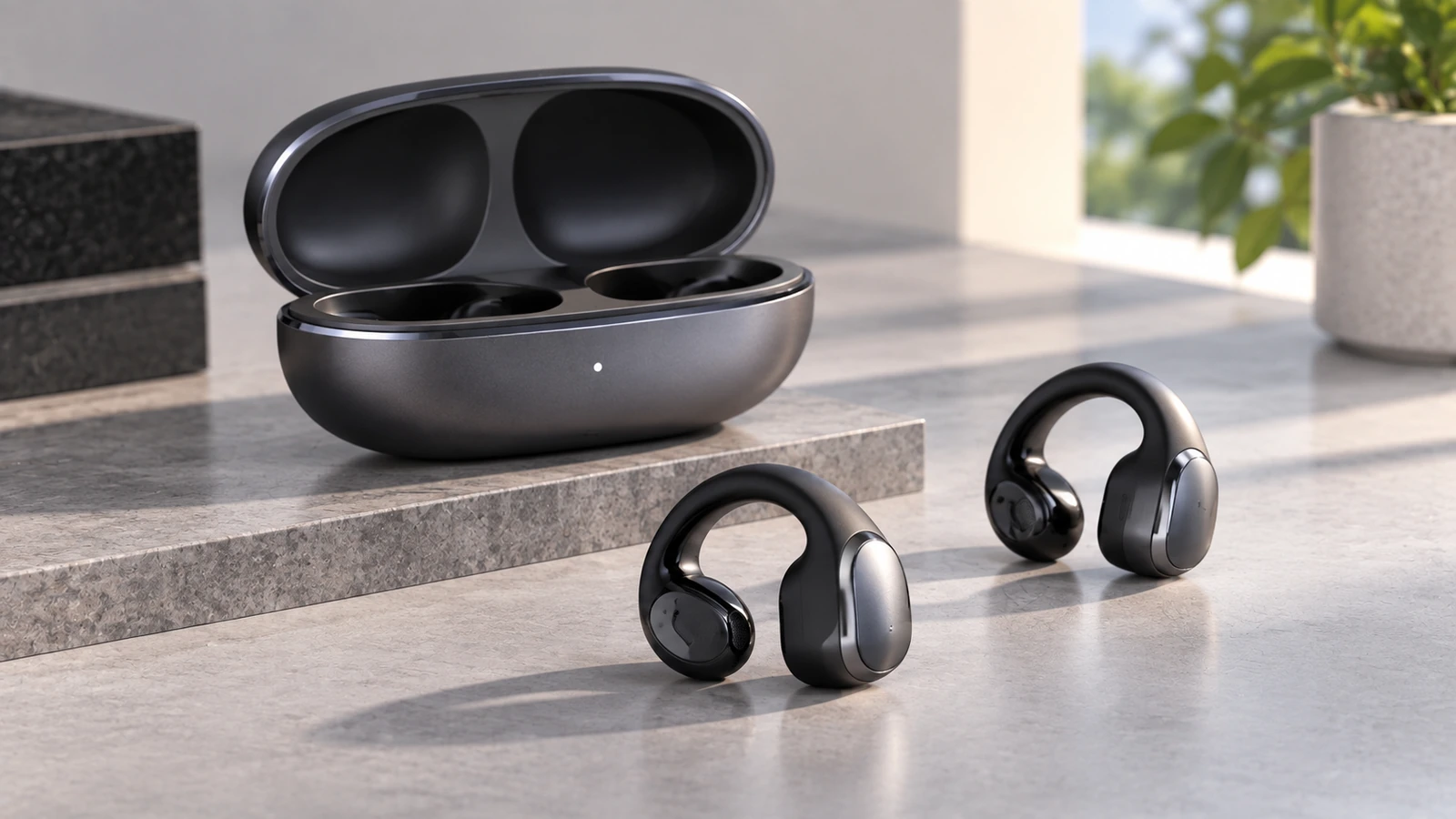 Dark metallic clip-style open-ear earbuds and charging case in a bright modern lifestyle setting.