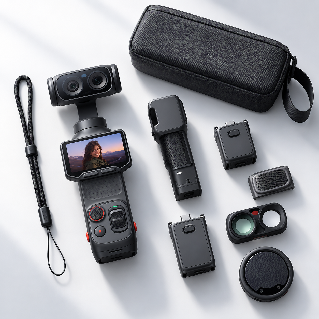 Insta360 Luna camera accessories with case, grip, modules, strap and lens attachments