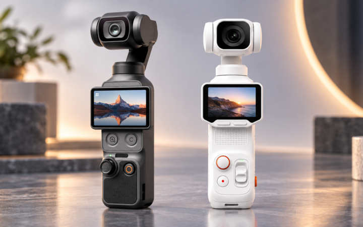Insta360 Luna Pro and DJI Osmo Pocket 4 compact gimbal cameras shown side by side in a studio setting.
