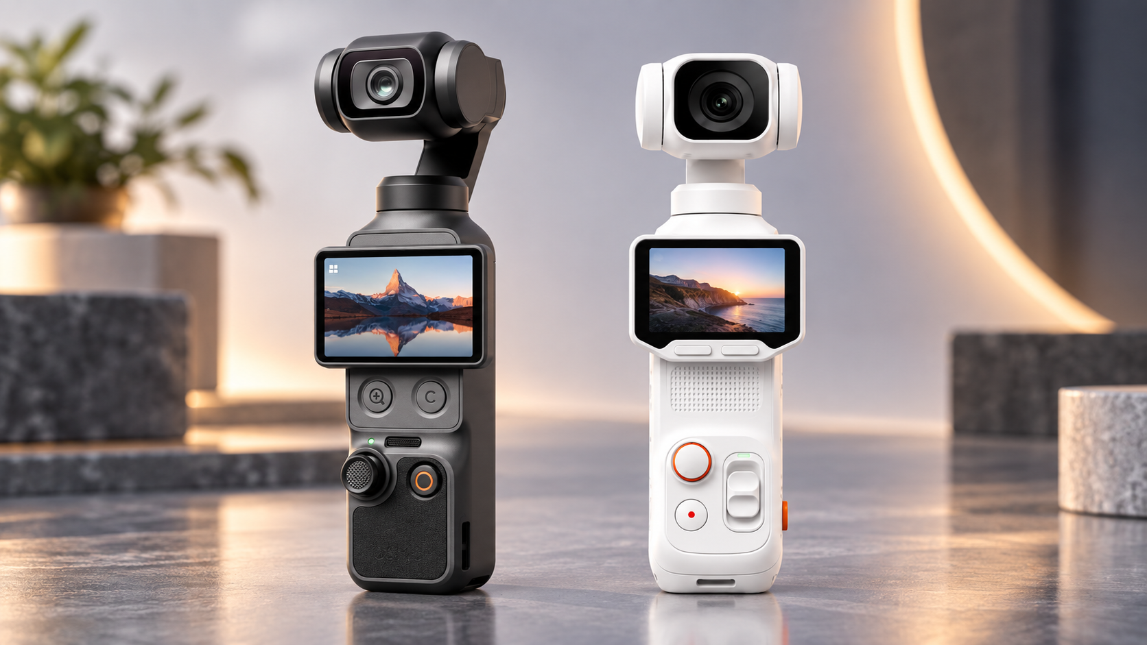 Insta360 Luna Pro and DJI Osmo Pocket 4 compact gimbal cameras shown side by side in a studio setting.