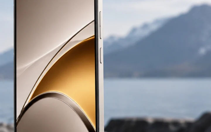 Flat-screen smartphone with a centered hole-punch display in a clean premium outdoor product scene.