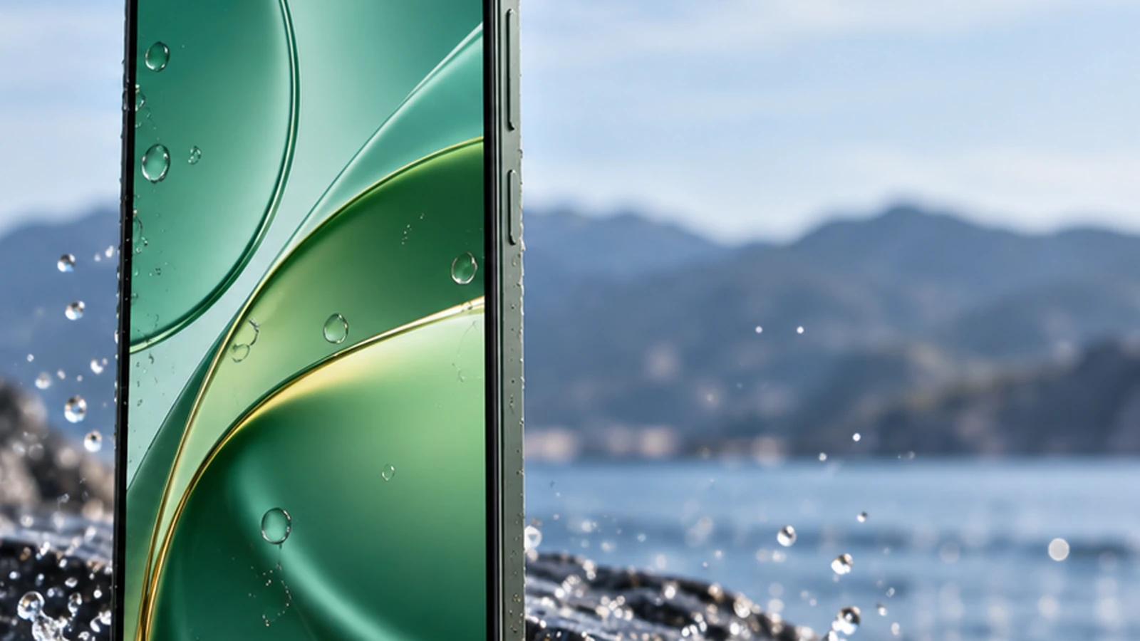 Flat-screen smartphone with light water droplets in a realistic outdoor waterside setting.