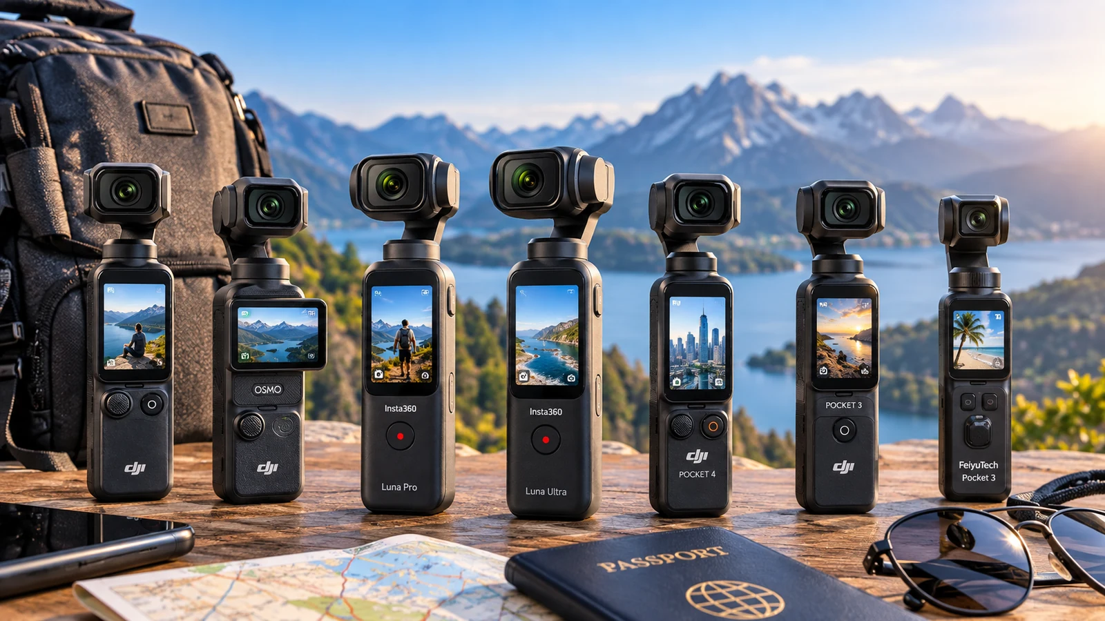 Pocket gimbal cameras from DJI Insta360 and Feiyu shown side by side