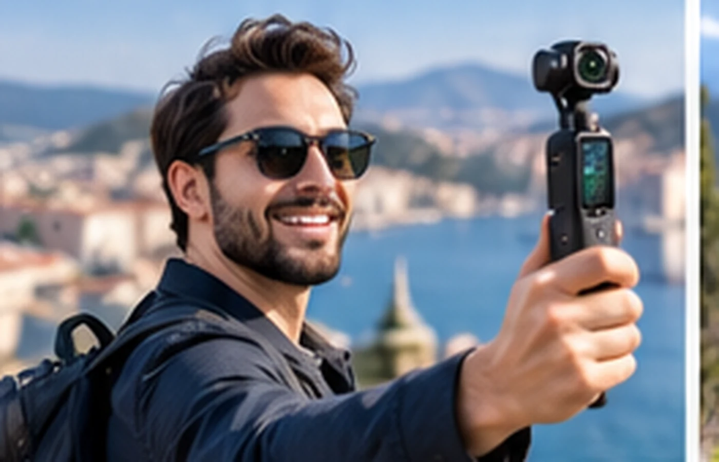 Creator using a pocket gimbal camera for a walk-and-talk vlog