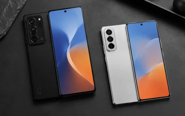 Two flagship Android phones in black and silver arranged side by side