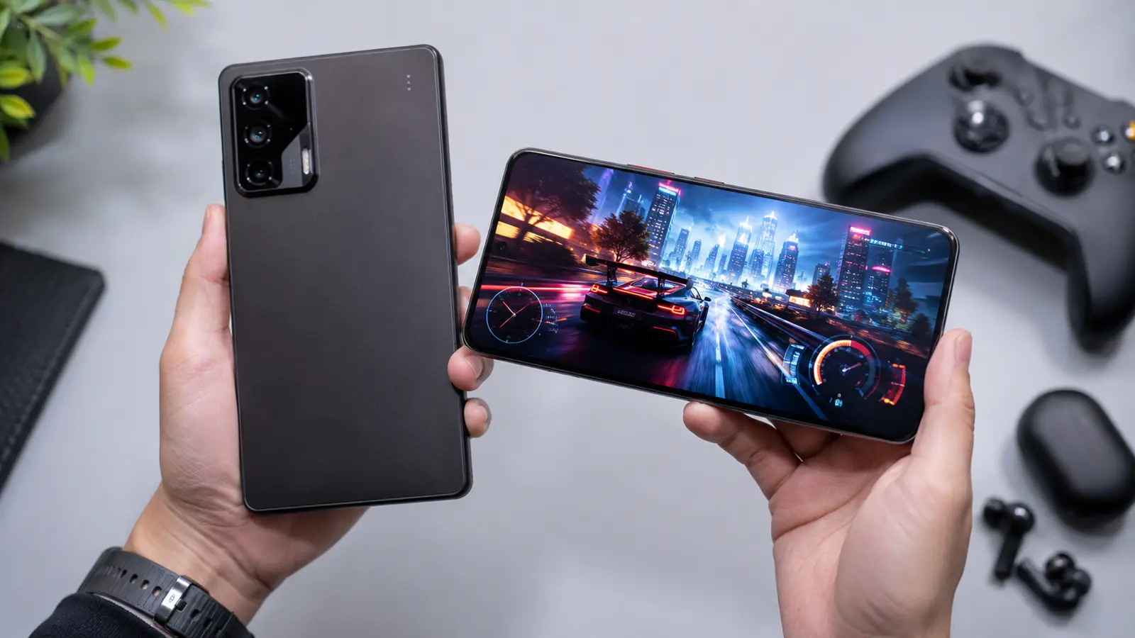 Hands holding two Android gaming phones above a desk with accessories