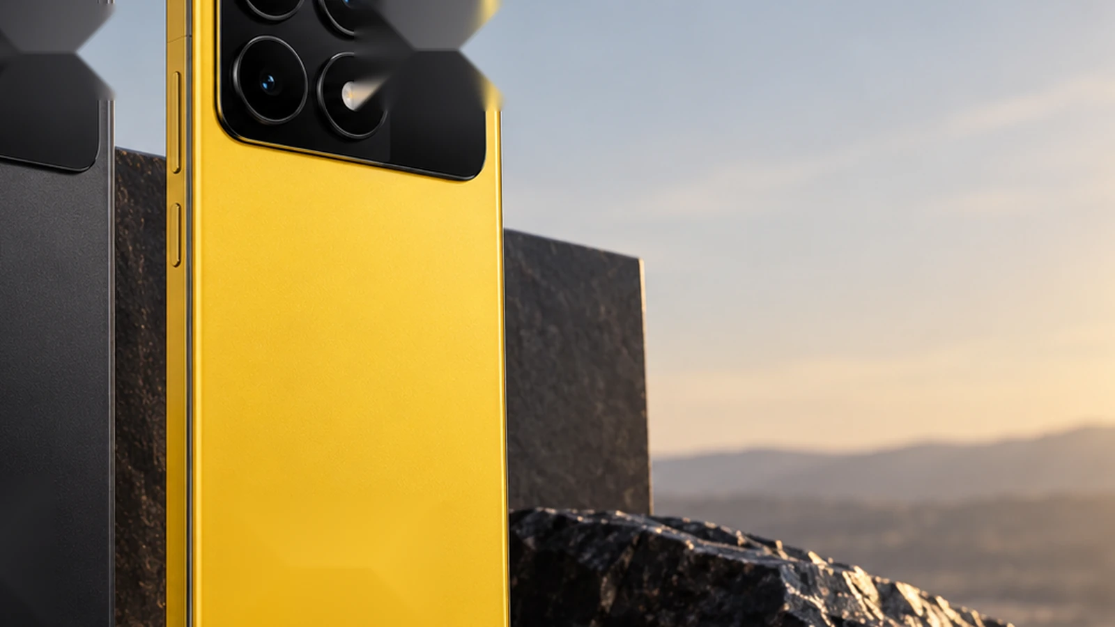 Yellow battery-focused smartphone in a premium outdoor product setting.