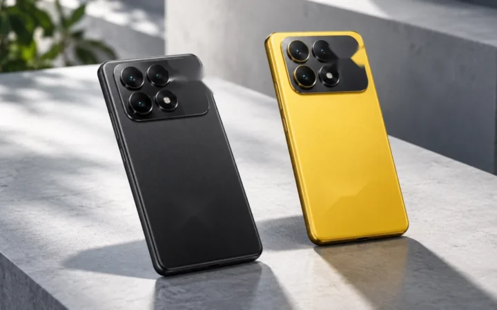 Dark and yellow large-screen smartphones displayed side by side in a clean premium product setting.