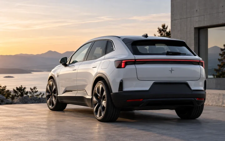 White premium electric SUV shown from the rear three-quarter angle with a physical rear window in a Scandinavian mountain setting.