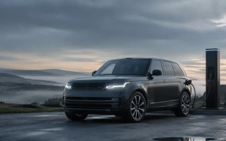 Graphite luxury electric SUV connected to a rapid charger in misty countryside