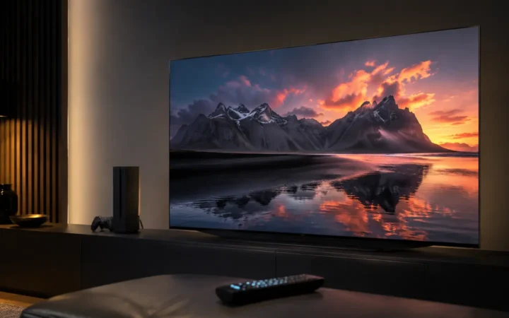 Slim OLED television showing a vivid landscape above a dark media console