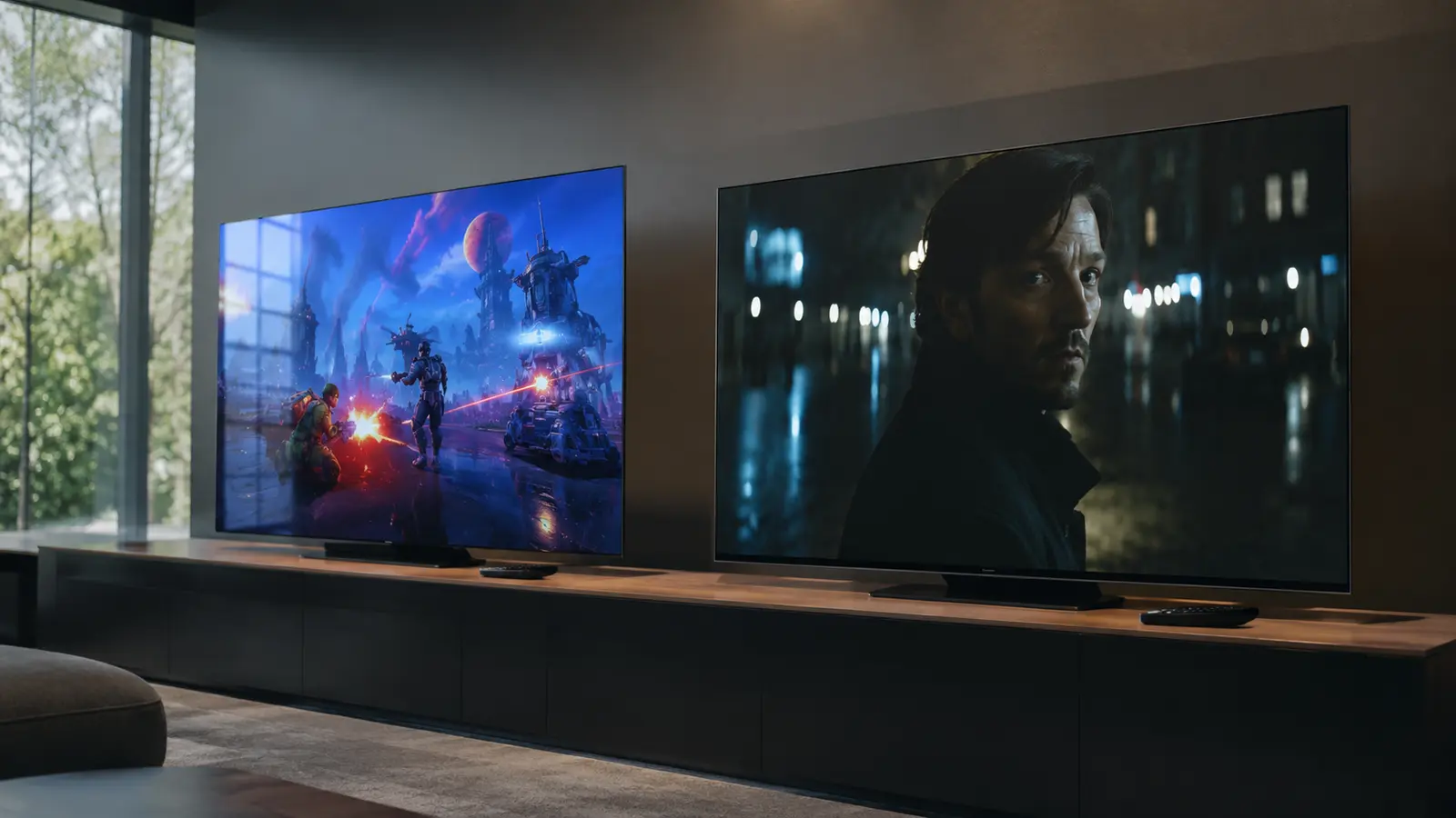 Two OLED televisions side by side showing a game and a dark movie scene