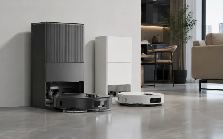 Two robot vacuum-mop cleaners beside tall self-cleaning docks