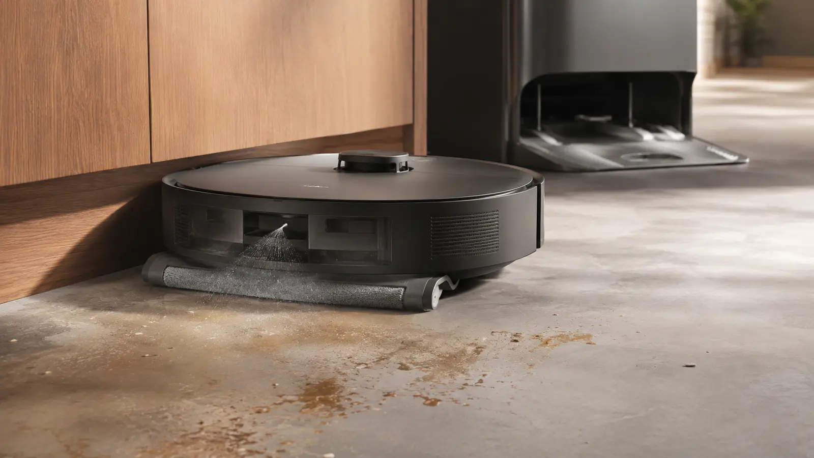 Round robot vacuum using a roller mop and spray near a kitchen cabinet edge