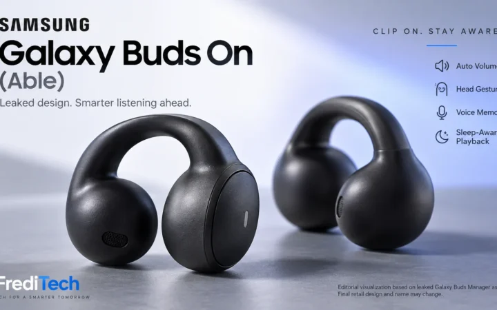Editorial visualization of Samsung Able clip-on earbuds based on leaked app assets