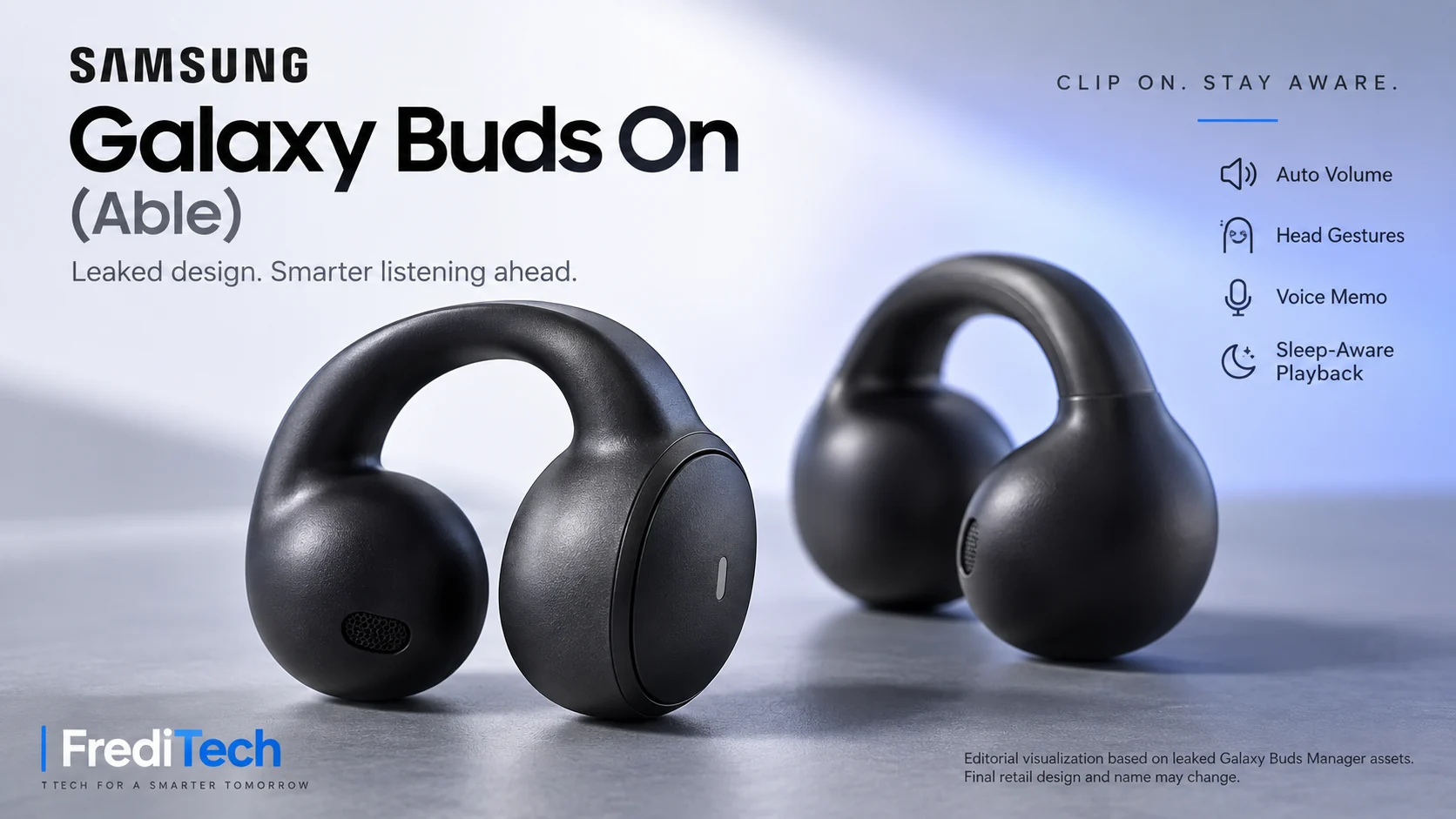 Editorial visualization of Samsung Able clip-on earbuds based on leaked app assets