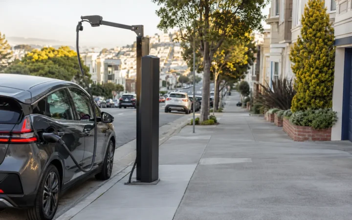 Editorial visualization of an electric car safely connected to a curbside charger with a clear sidewalk